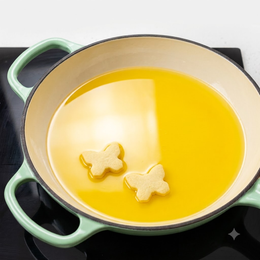 Butter melting in a green-handled pan placed over a stovetop heat source.