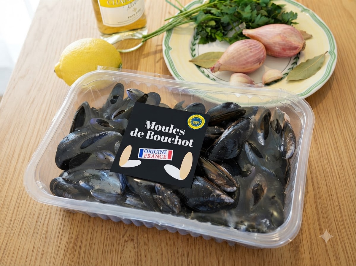 Fresh black Bouchot mussels displayed alongside a bottle of white wine, a lemon, shallots, and fresh herbs.