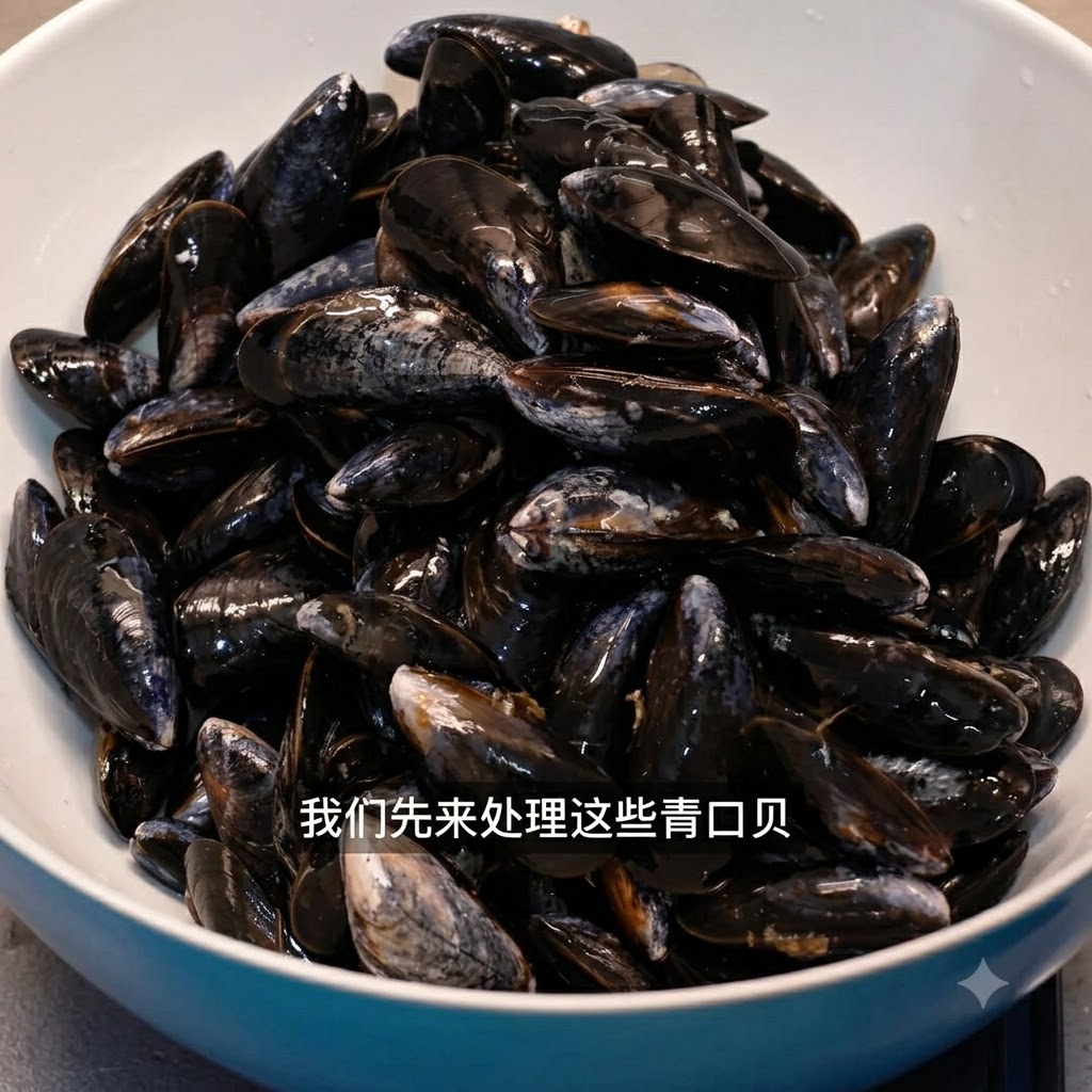 Mussels being rinsed and cleaned with a small knife to remove shell attachments and threads.