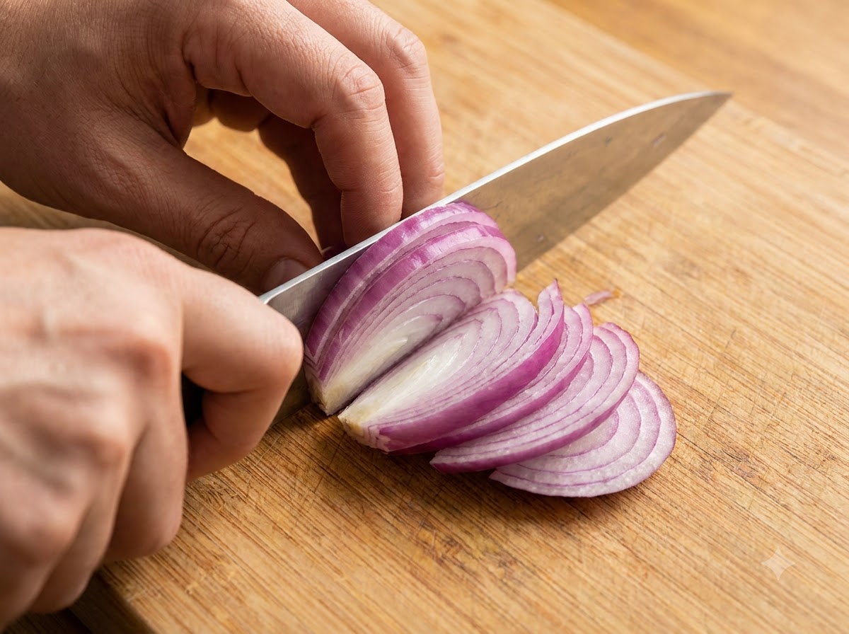 Shallots being sliced and finely chopped on a cutting board.