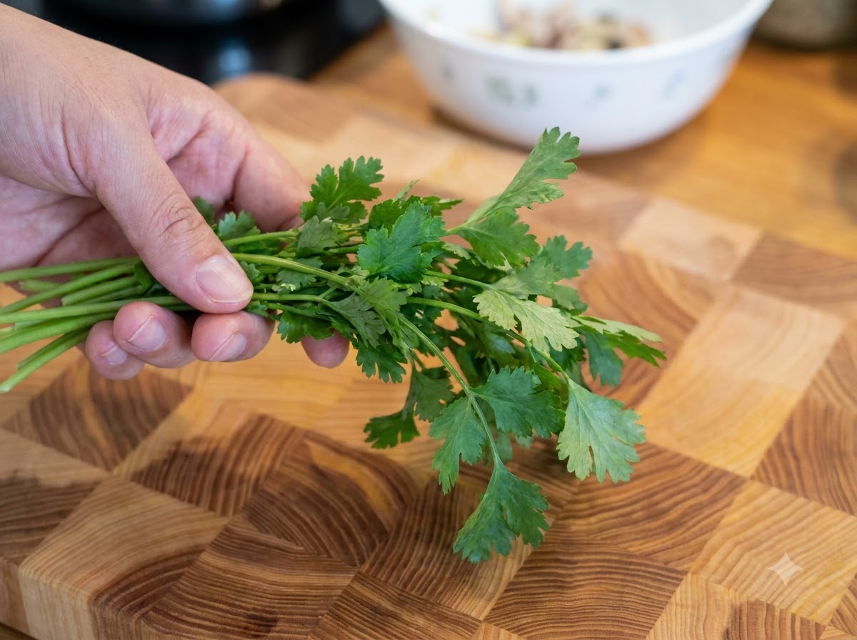 Fresh flat-leaf parsley being stripped from stems and chopped finely.