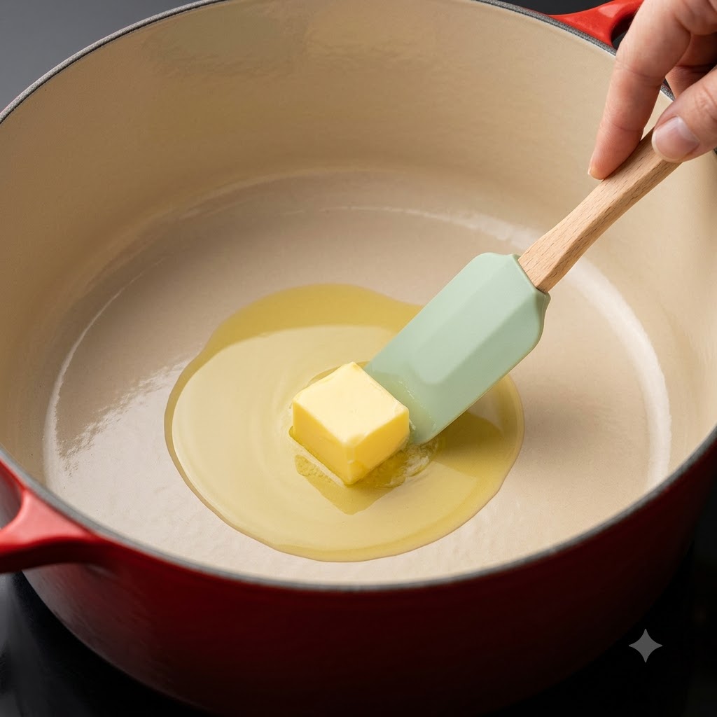 Butter melting with olive oil in a red enameled pot over heat.