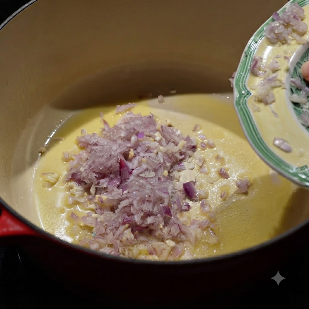 Chopped shallots and minced garlic being sautéed in melted butter.