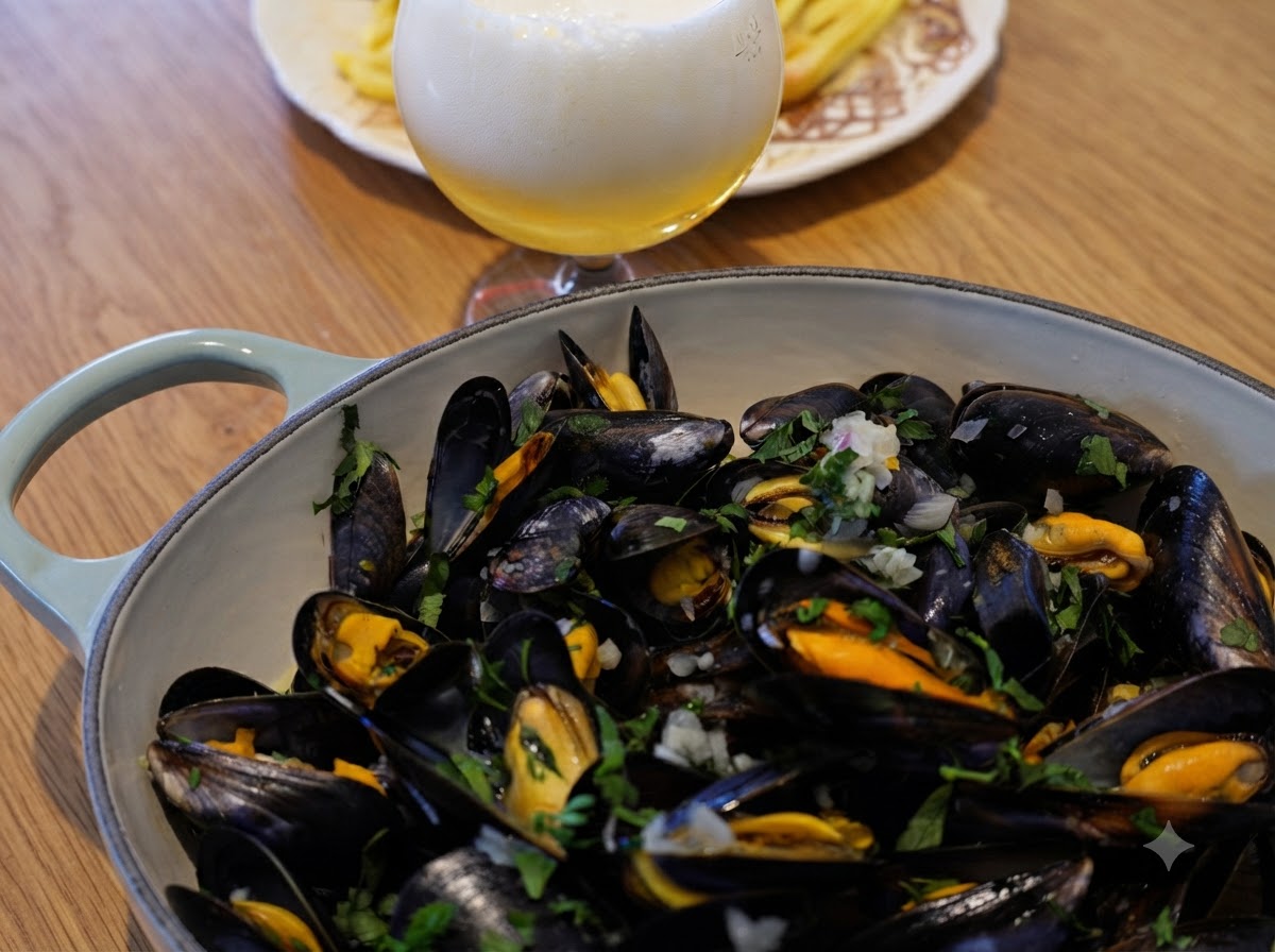Dry white wine, a bay leaf, and fresh parsley stems being poured into a pot of black mussels.