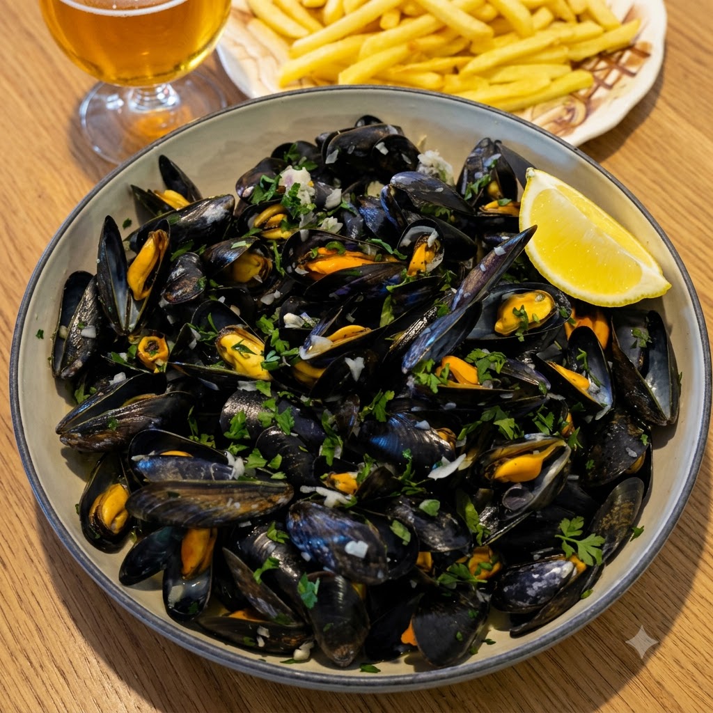 A spatula mixing black mussels, shallots, and white wine together in a cooking pot.