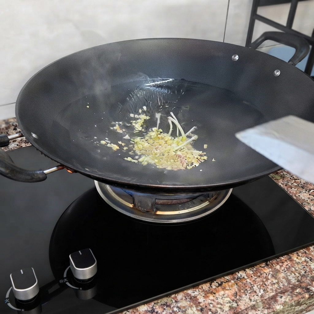 Minced garlic and scallions frying in hot oil inside a black wok on a stovetop.
