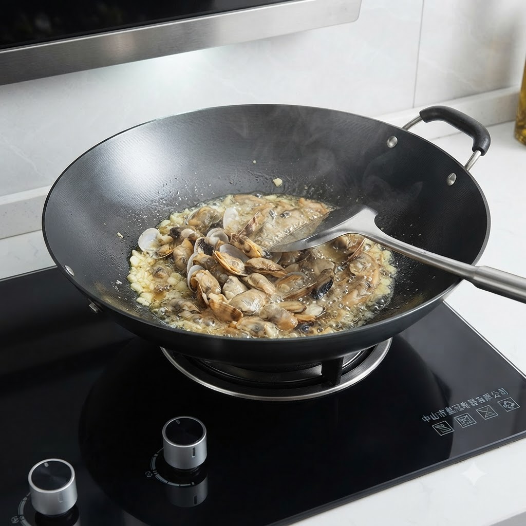 White clams being mixed and tossed with garlic and oil in a large wok using a metal spatula.