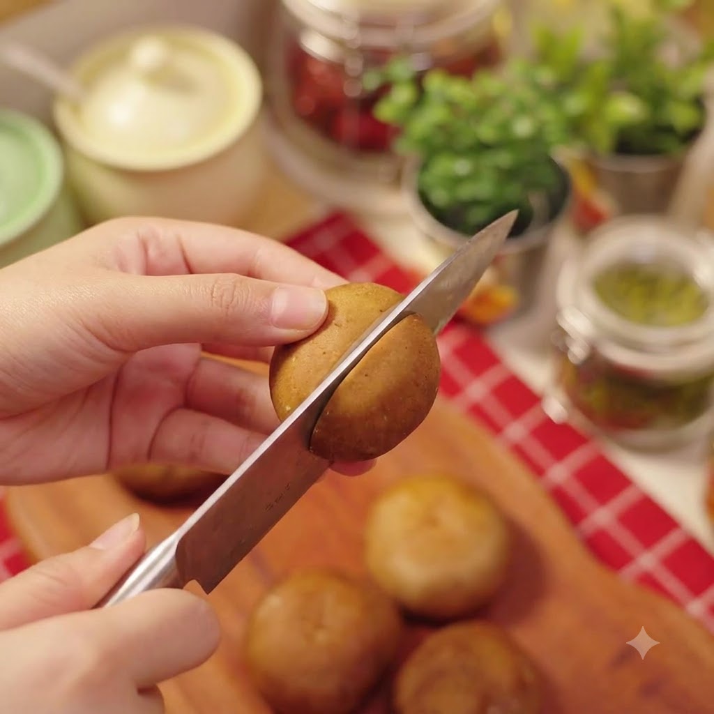 A close-up view of a knife cutting a cross design onto a brown shiitake mushroom cap.