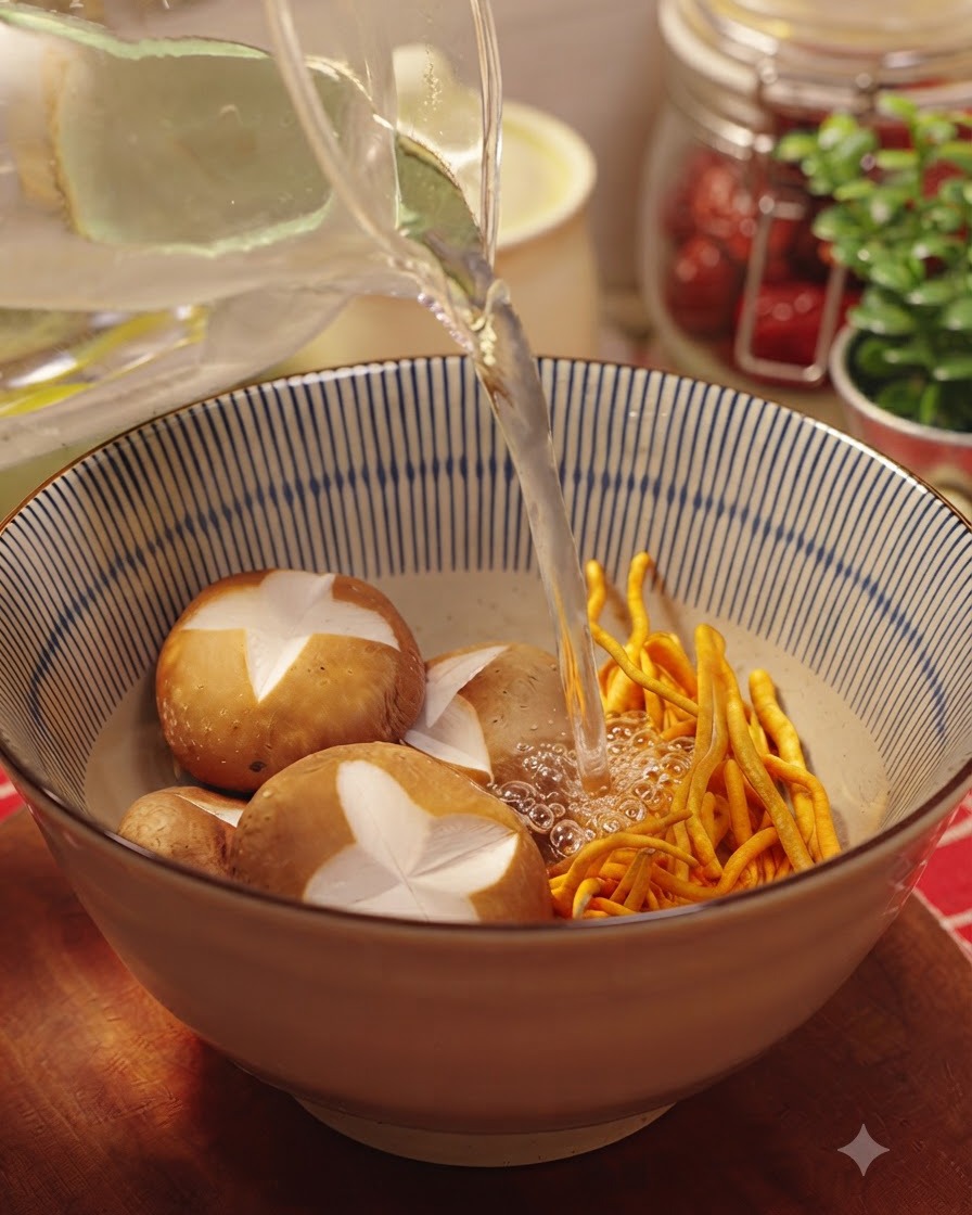 Water streaming from a pitcher into a bowl filled with shiitake mushrooms and cordyceps flowers.