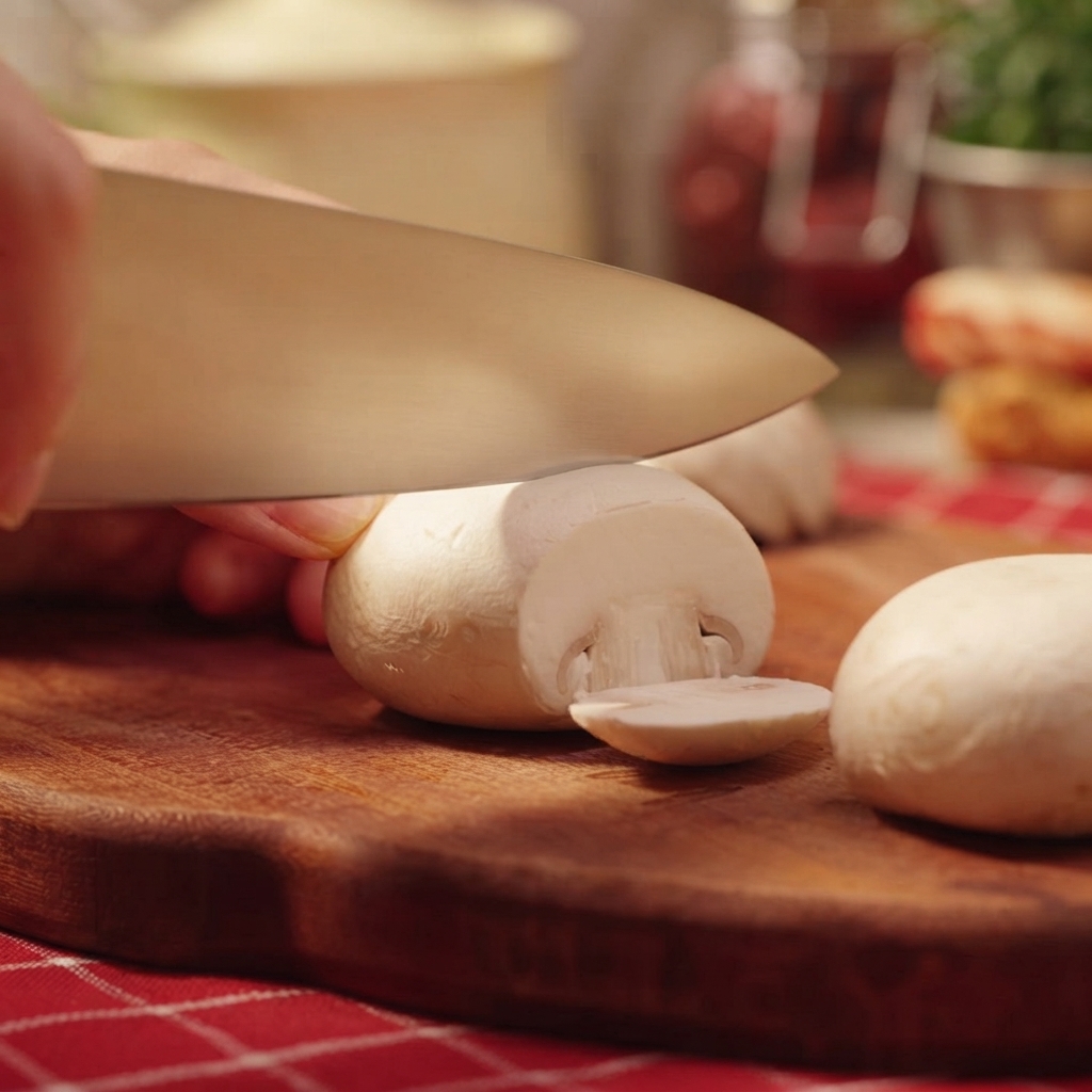A knife slicing through fresh white mushrooms on a cutting board.