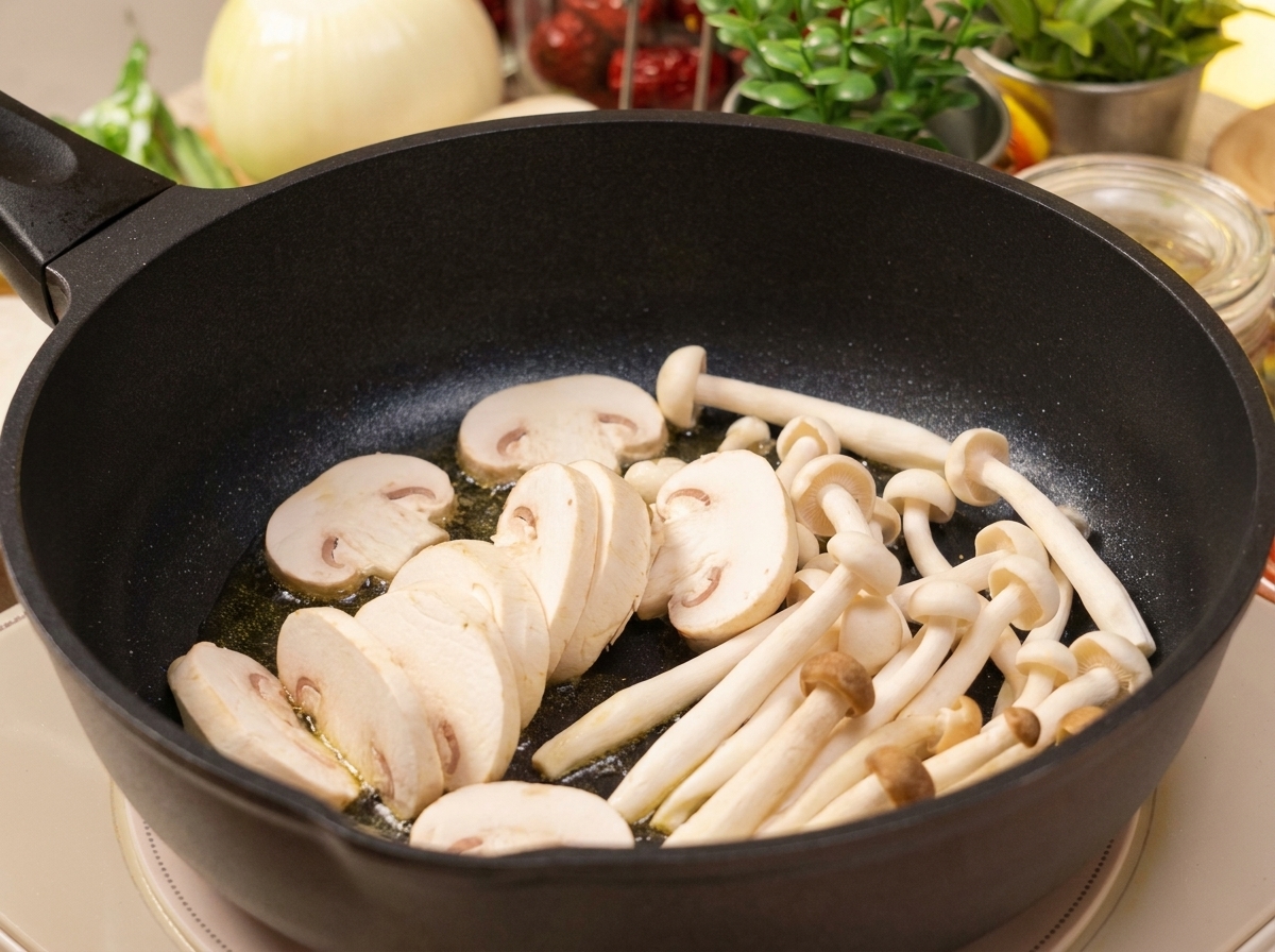 White and brown beech mushrooms frying in a pan with hot oil.