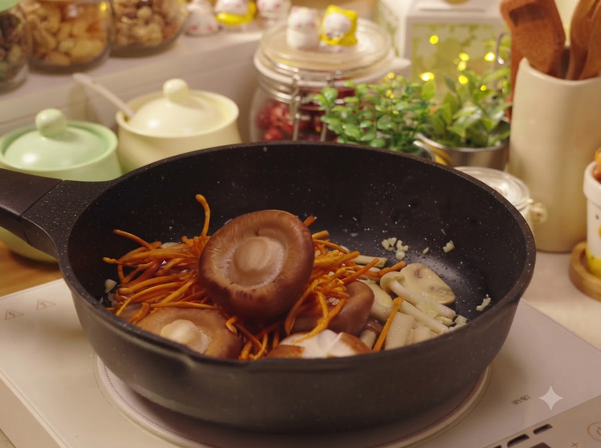 Shiitake mushrooms and cordyceps flowers added to the pan with the other ingredients.