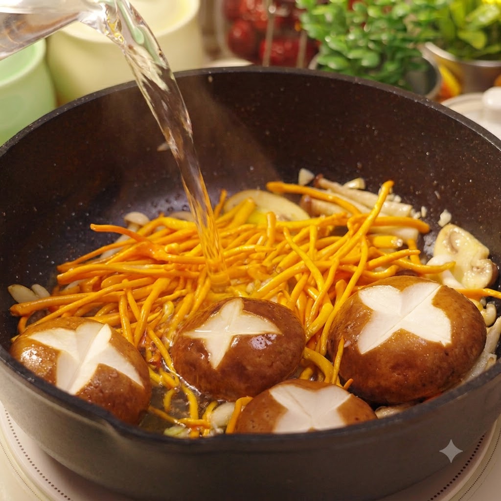 Fresh water being streamed from above into a black cast-iron pan containing stir-fried mushrooms and golden cordyceps flowers.