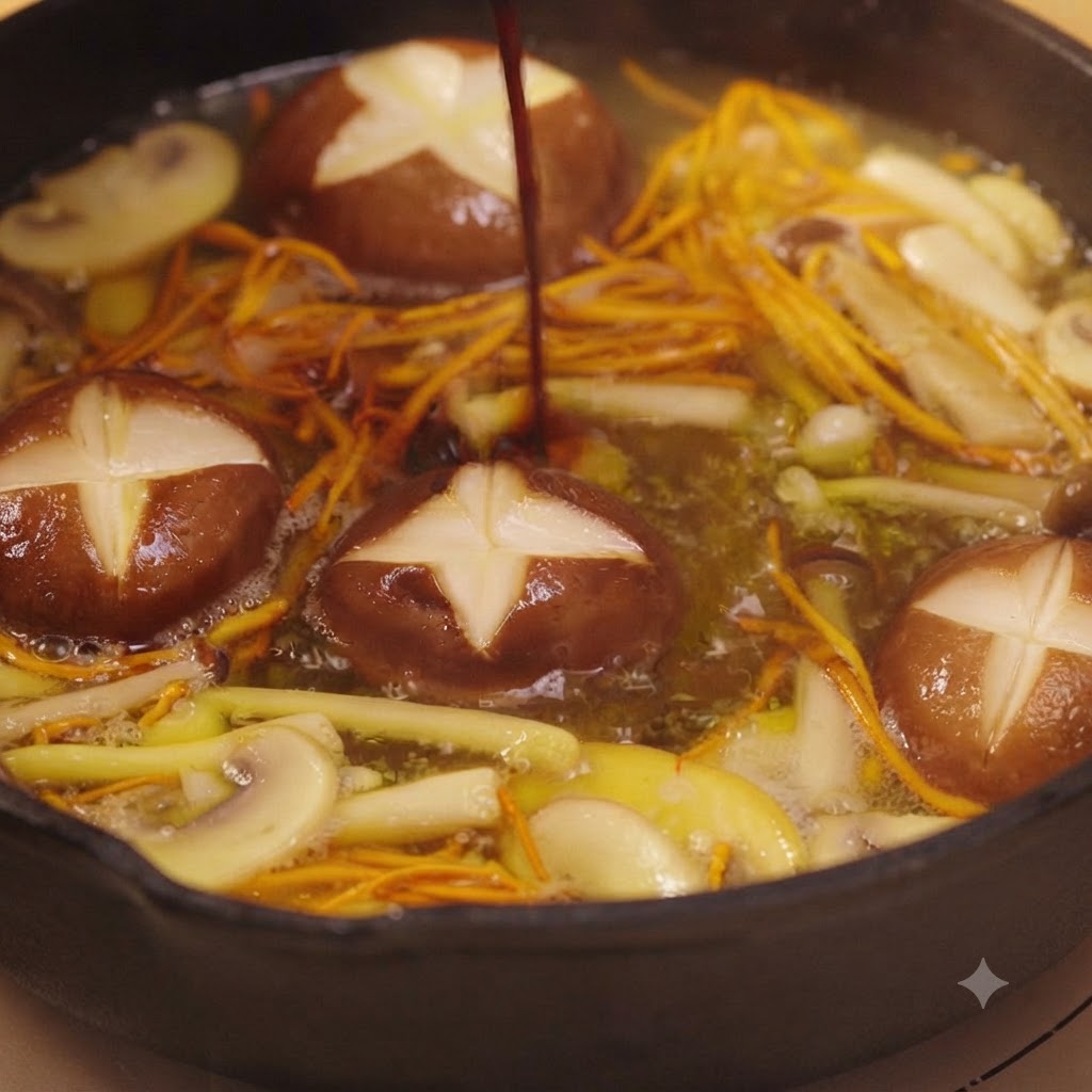 Dark soy sauce being poured from a spoon into a bubbling mushroom broth filled with shiitake and cordyceps.