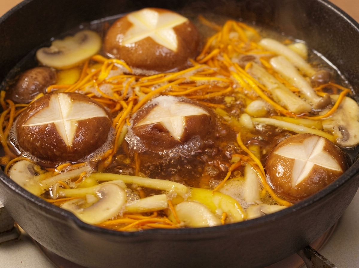 A glass lid placed tightly over a pan of bubbling mushroom soup cooking on an electric stove.
