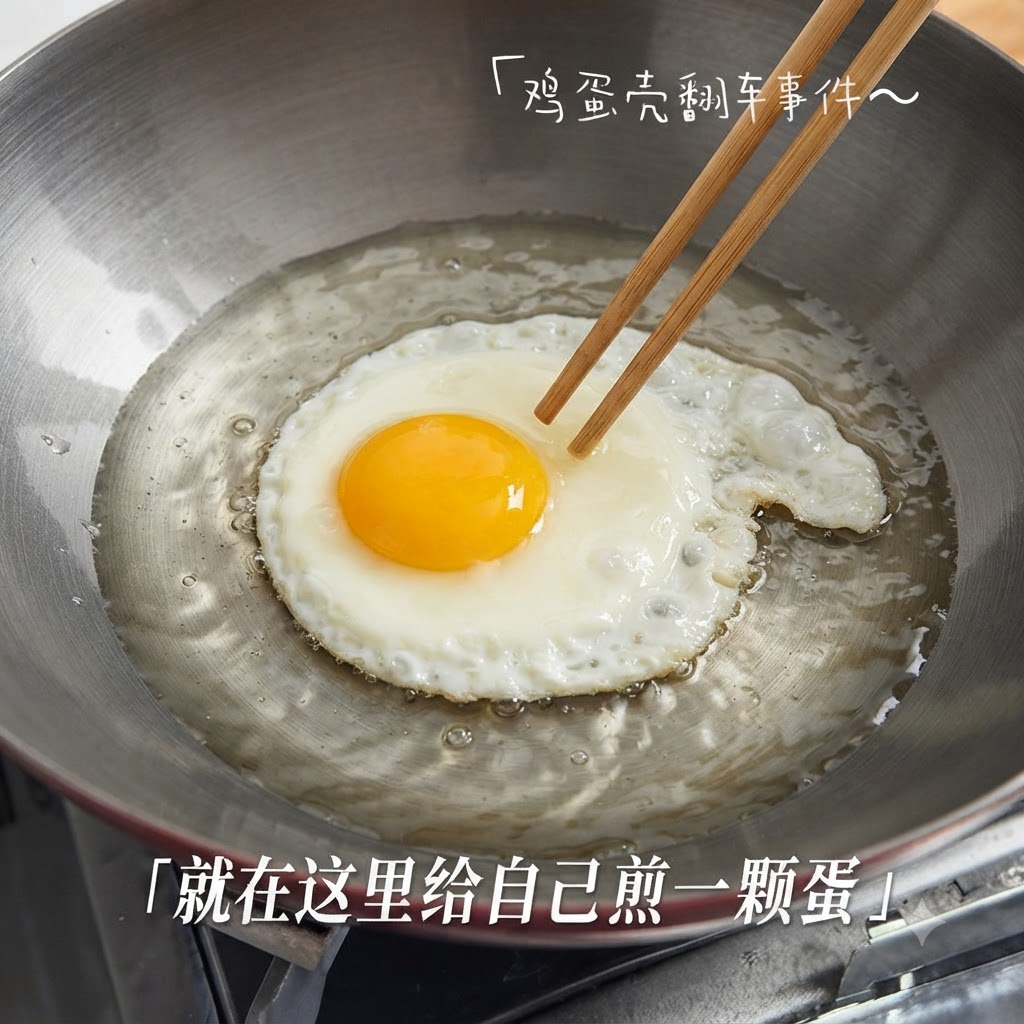 An egg frying in hot oil inside a metal wok, being adjusted with chopsticks.