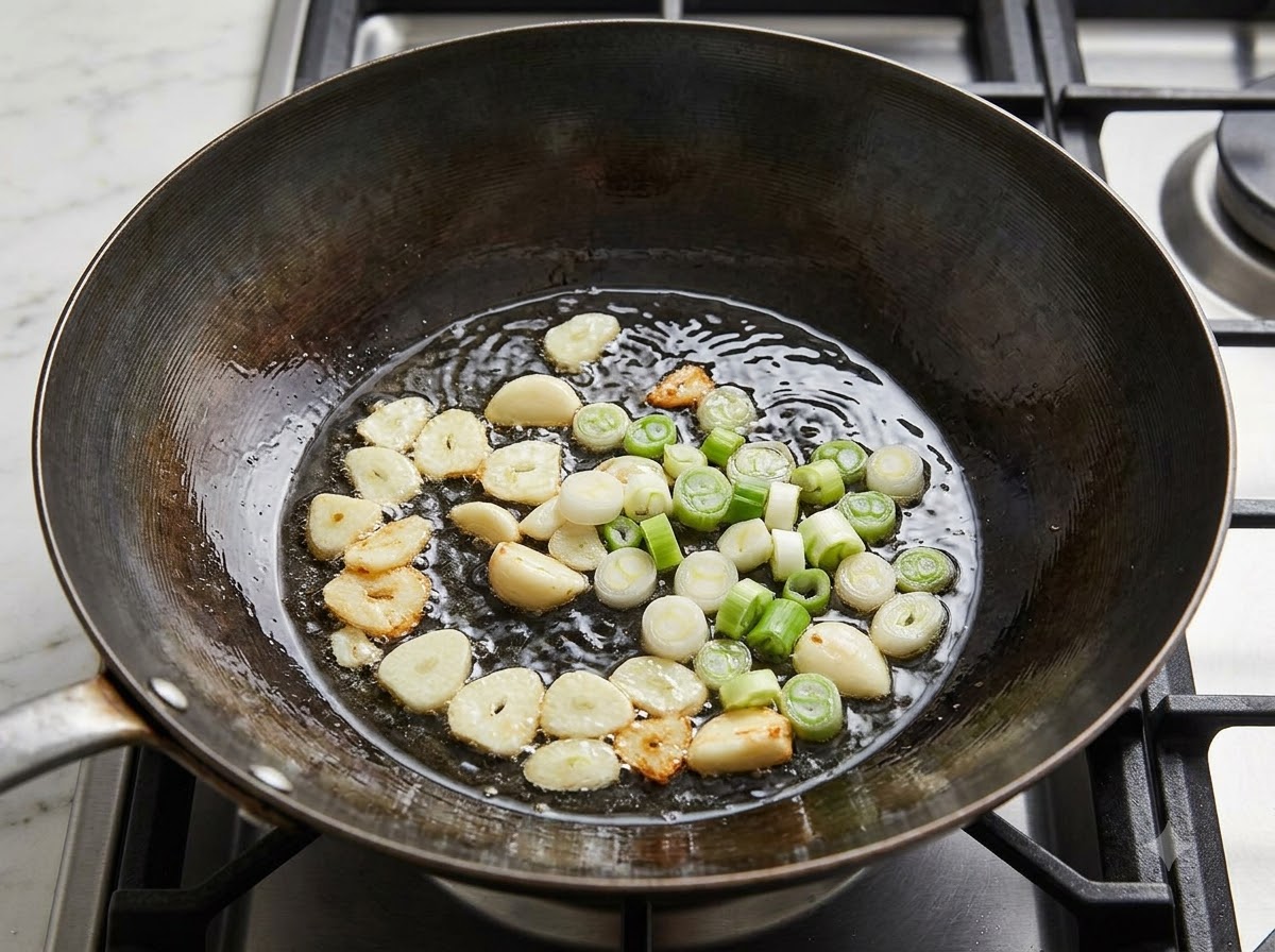 Slices of garlic and scallion pieces stir-frying in hot oil in a dark wok.