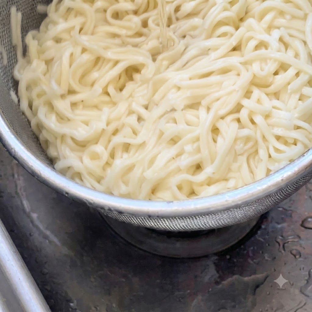 Cooked white wheat noodles being rinsed under running cold water inside a metal mesh strainer.