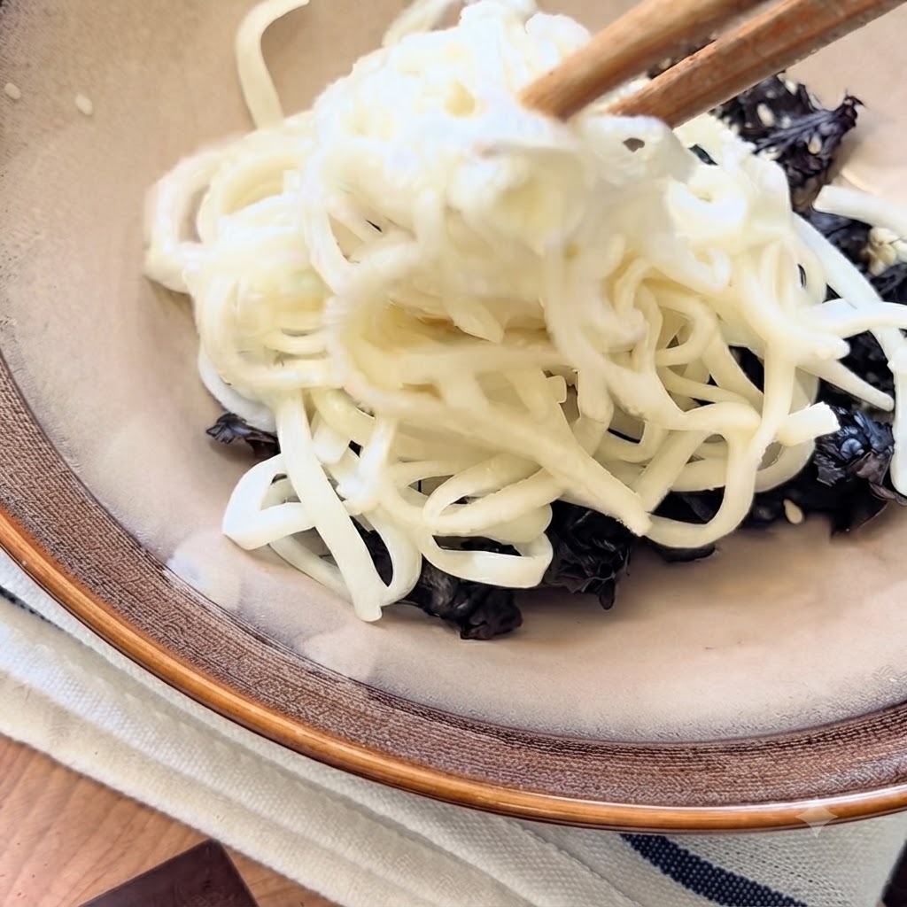 Chopsticks placing cooked white noodles into a ceramic bowl over a seaweed base.