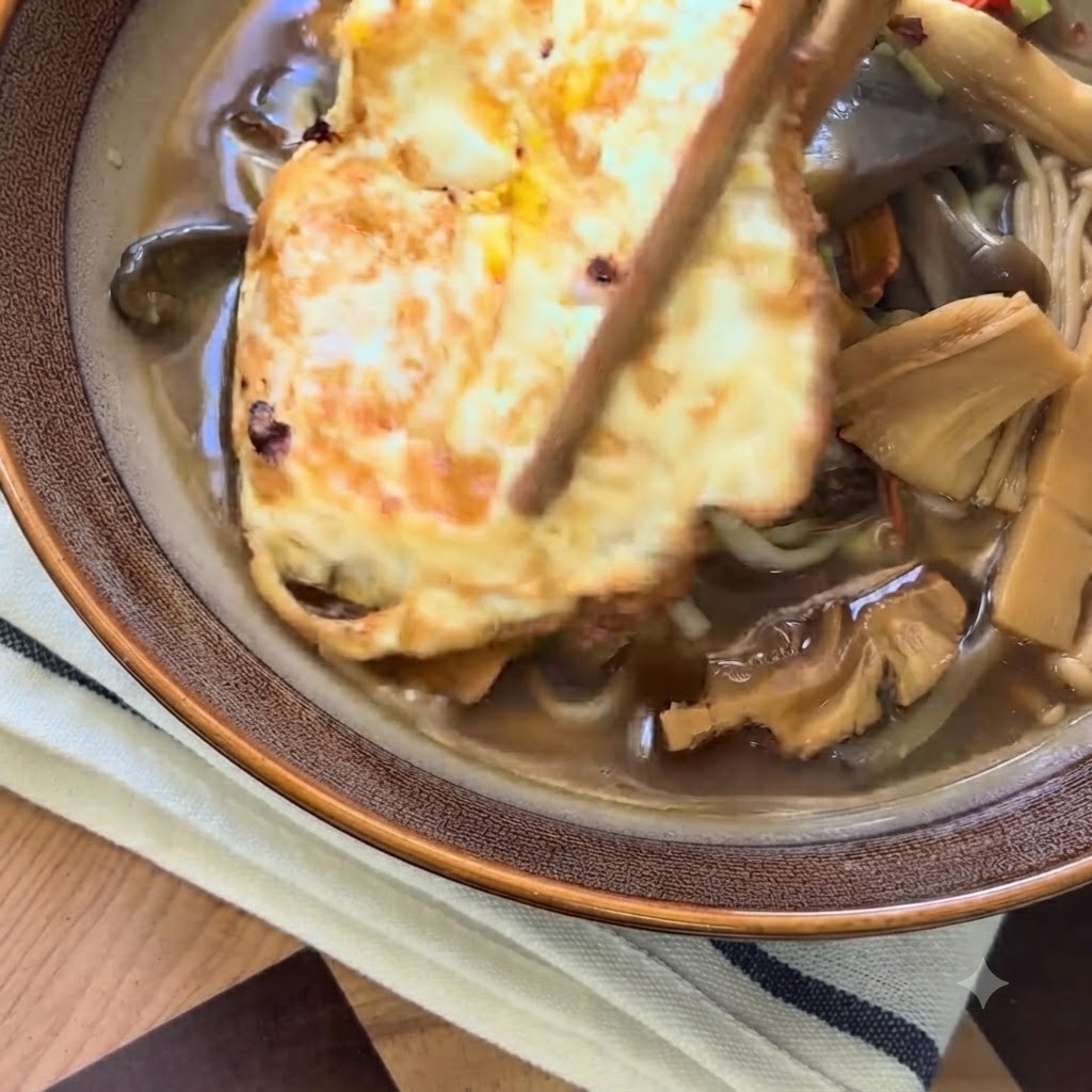 A golden fried egg being placed using chopsticks on top of a steaming bowl of mushroom noodle soup.
