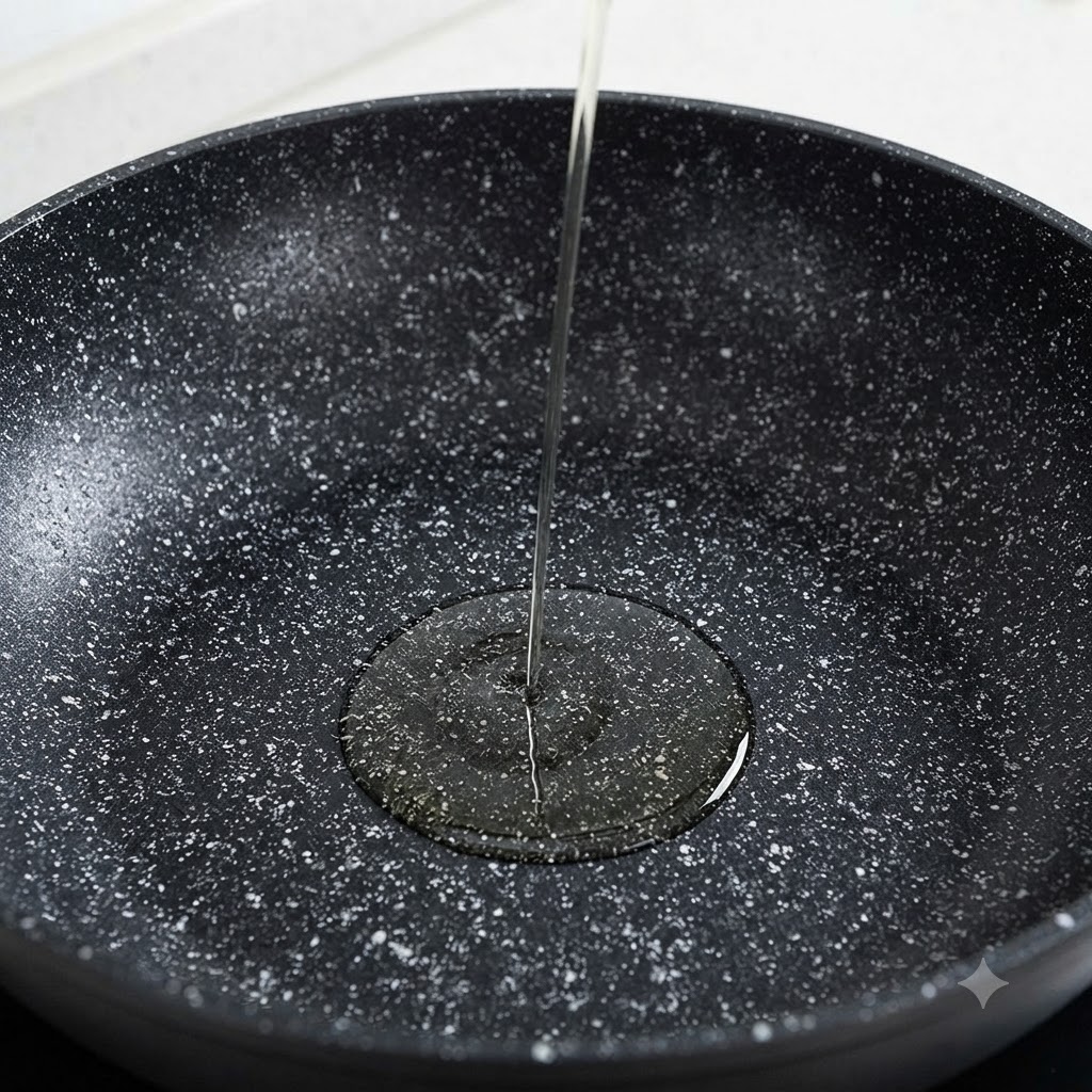 Oil being poured into a black speckle wok to prepare for stir-frying shrimp heads.