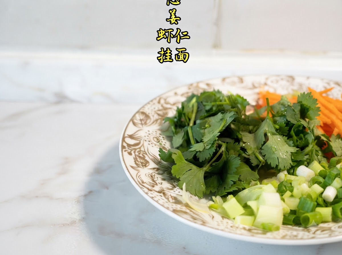 A white plate holding julienned carrots, cilantro, chopped scallions, ginger, raw shrimp, and dried noodles.