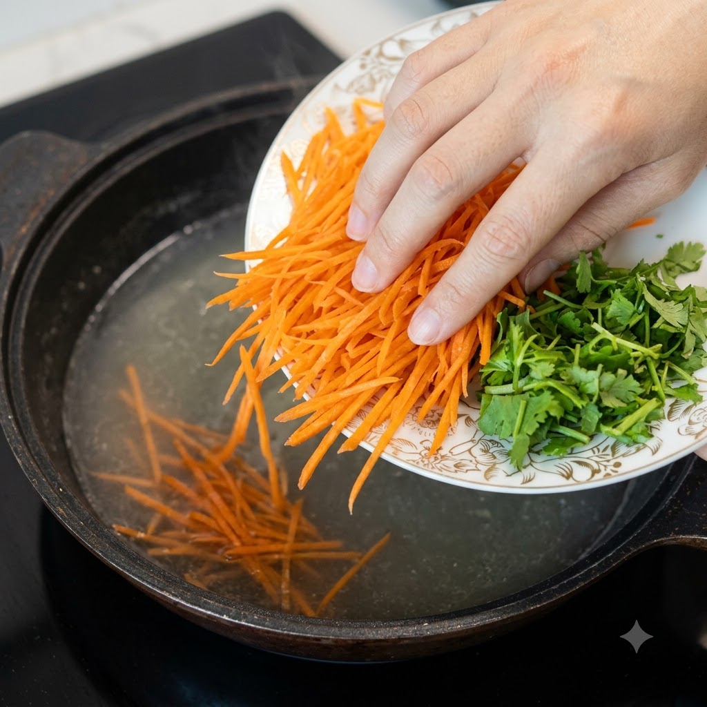 Julienned carrots being tipped from a plate into the boiling pot.