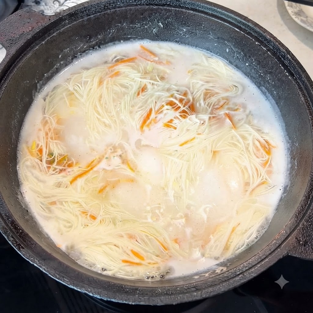 Sichuan peppercorn powder and ginger powder being stirred into the boiling noodle soup with a wooden spoon.