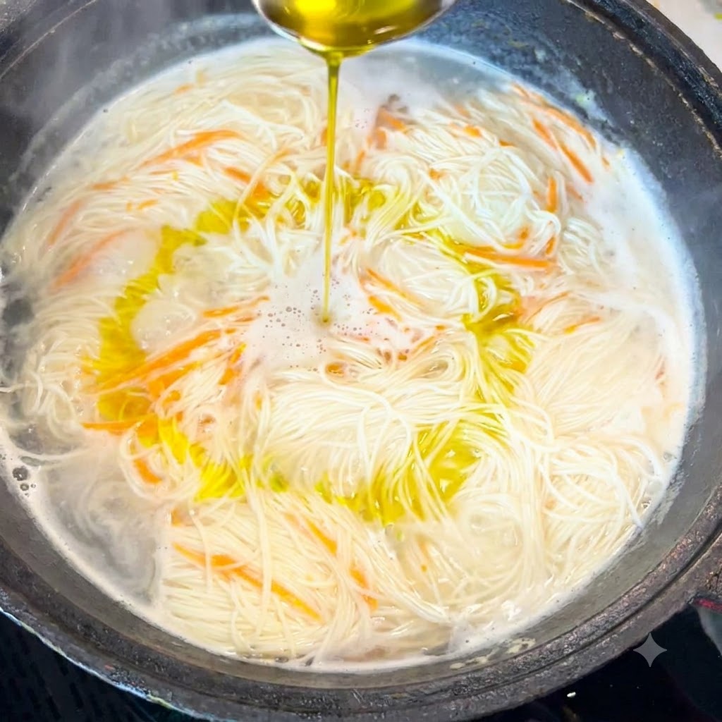A spoonful of cooking oil being poured into a bubbling pot of noodle soup.