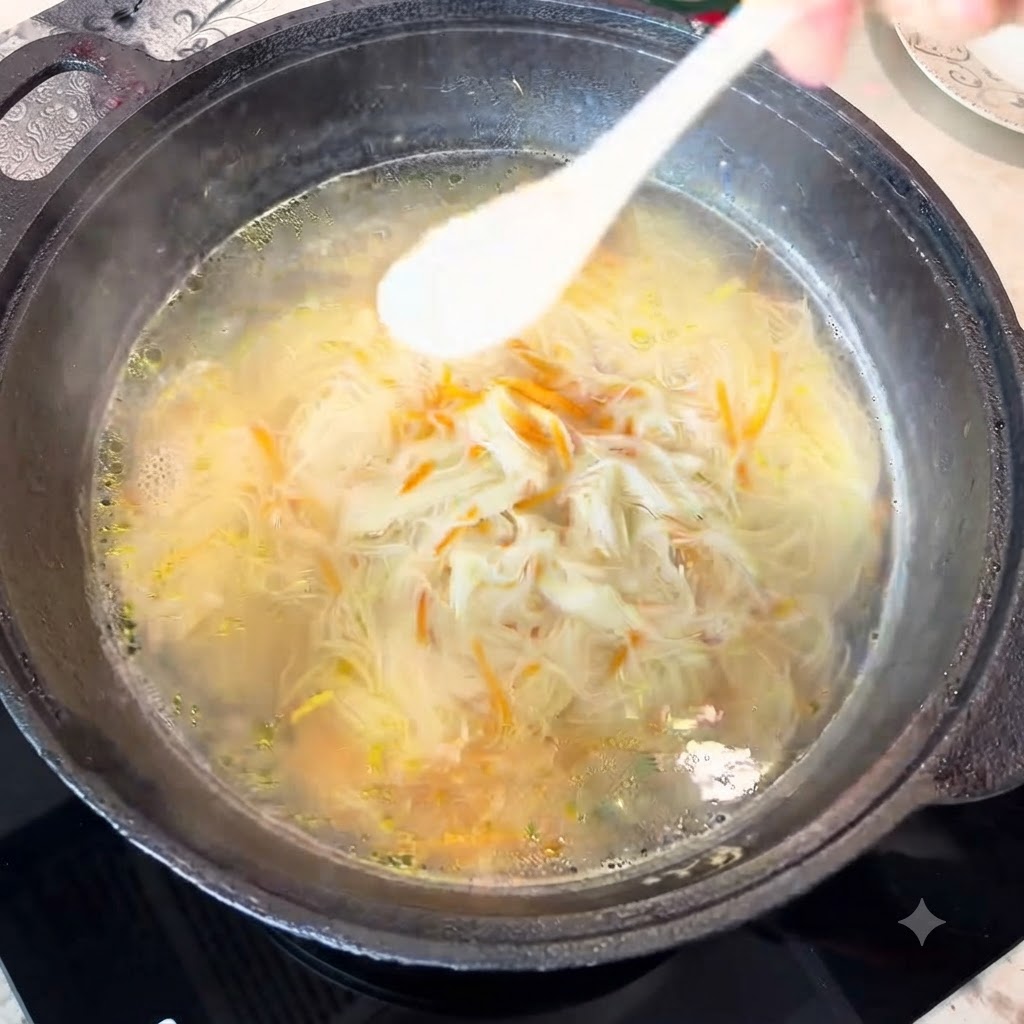 A white spoon sprinkling salt into a simmering pot of noodle soup with carrots.