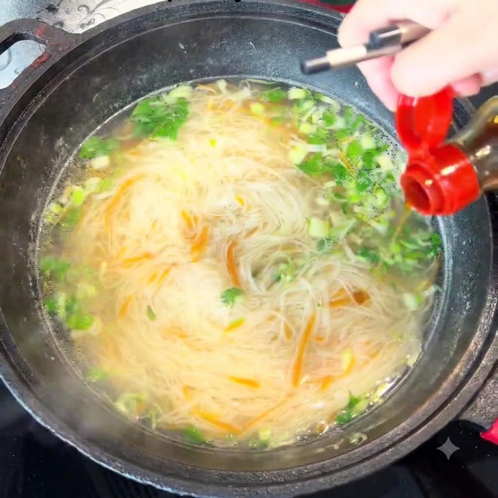Sesame oil being poured from a small bottle into a pot of noodle soup.