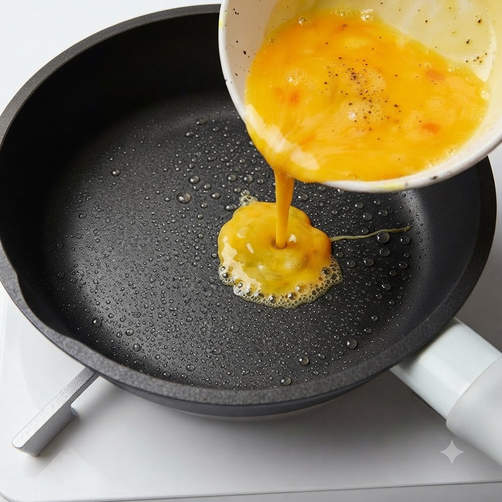 Beaten eggs being poured into a hot greased pan.