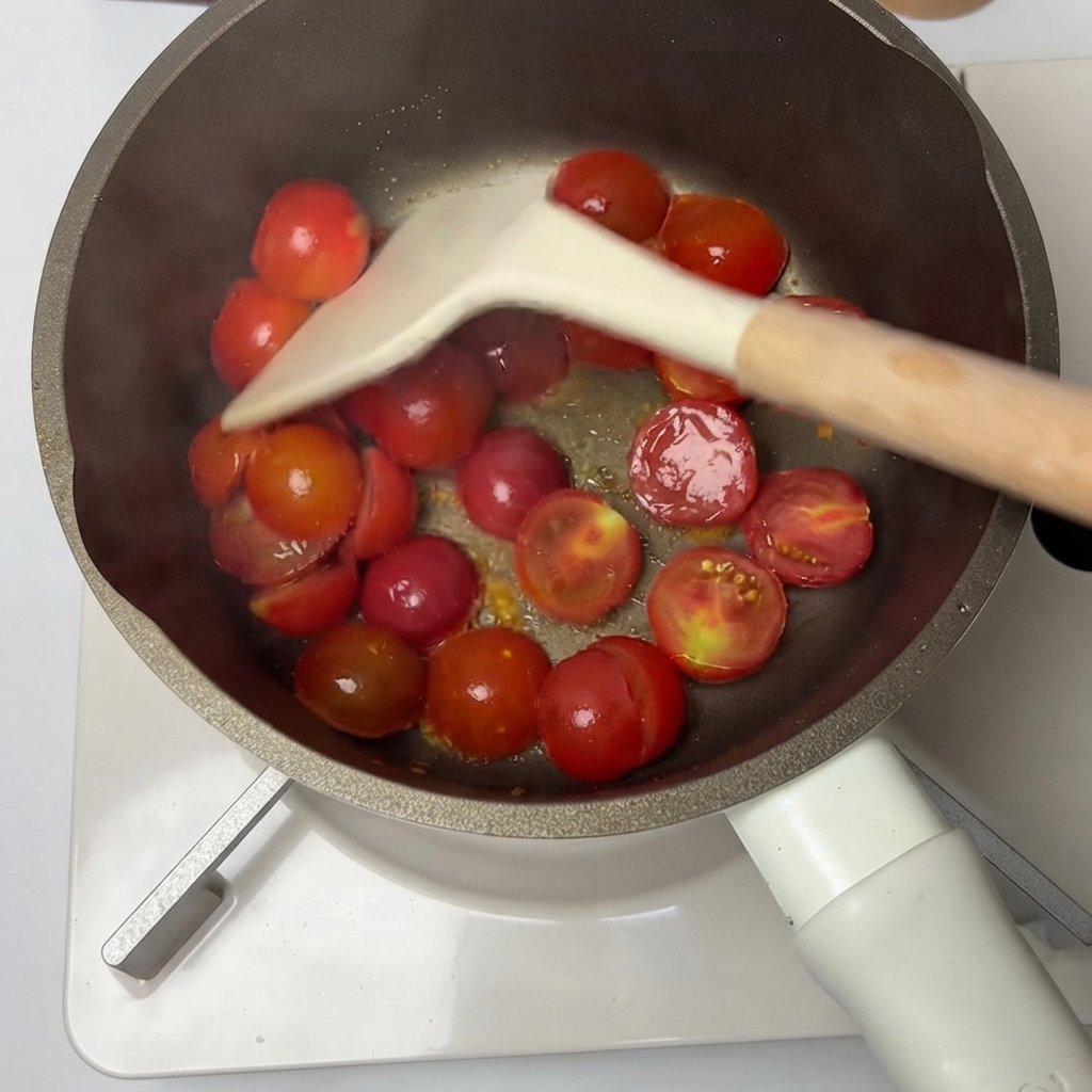 Halved cherry tomatoes being stir-fried in a pan with olive oil.