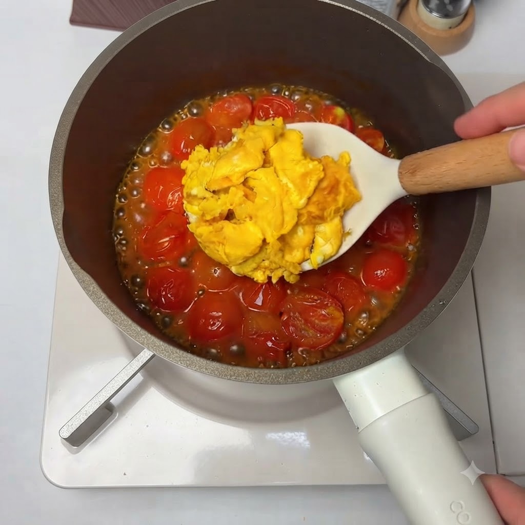 Scrambled eggs being added to a simmering pan of cooked cherry tomatoes using a white spatula.