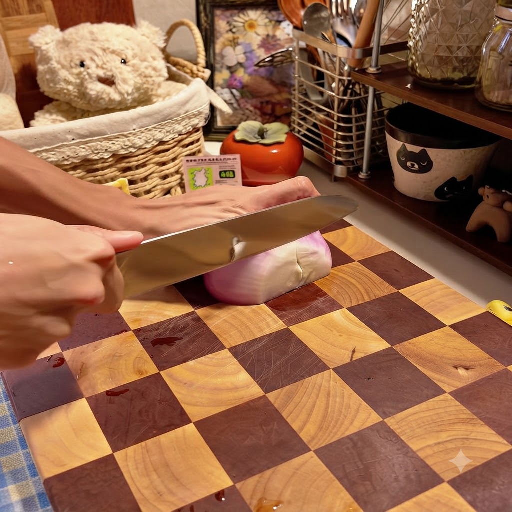 A sharp knife slicing a red onion into neat strips on a checkered wooden cutting board.