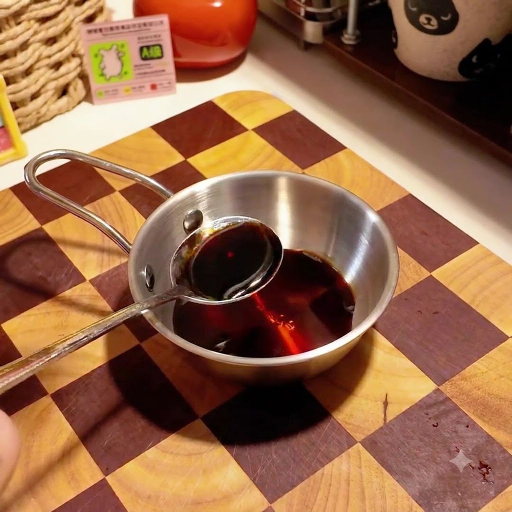 A spoon holding dark liquid being added to a small metal bowl containing sauce ingredients.