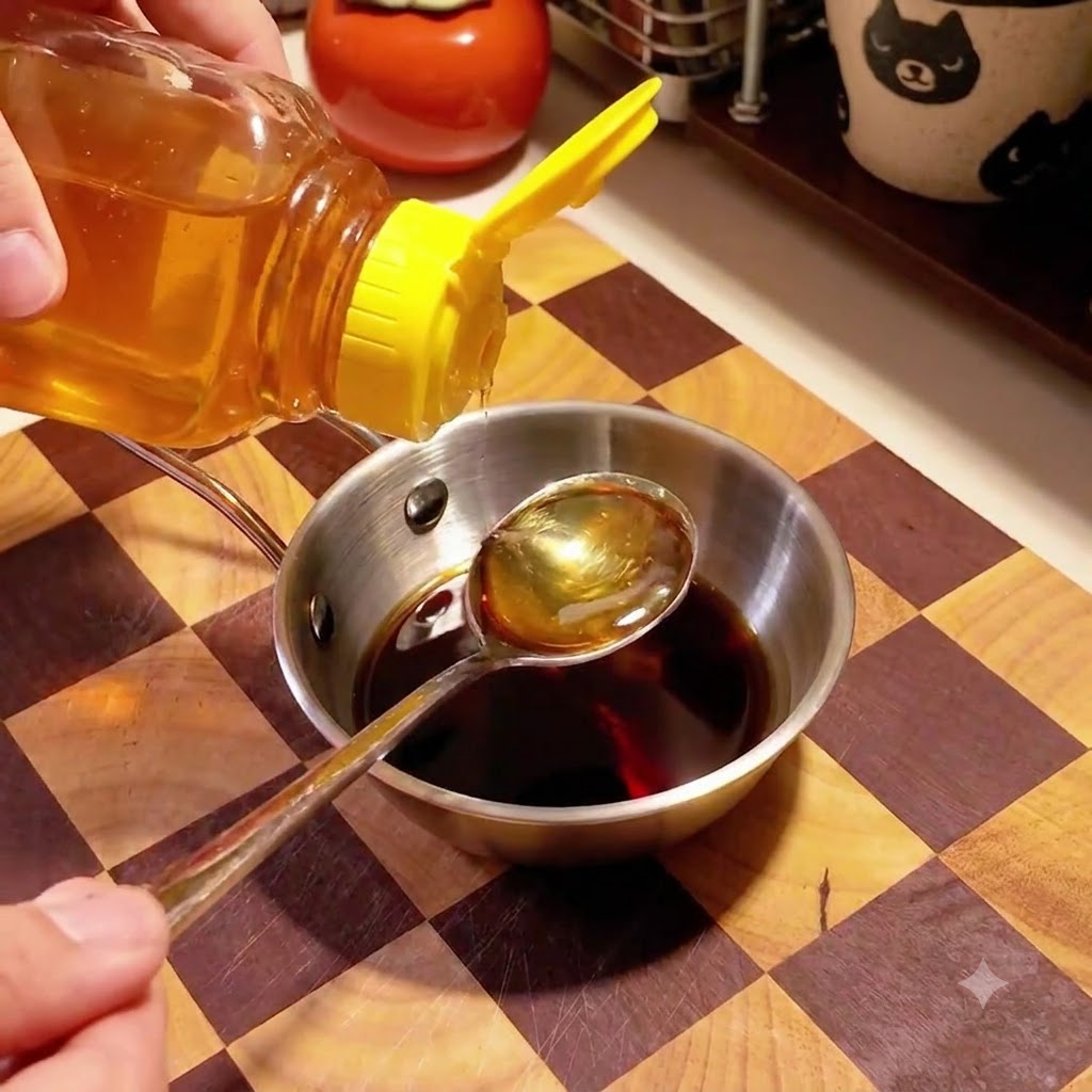 Honey being squeezed from a yellow-capped bottle into a small metal mixing bowl.