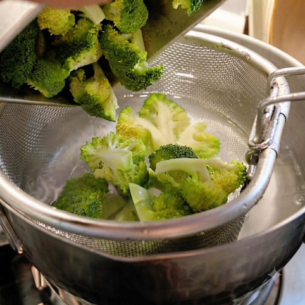 Fresh green broccoli florets being blanched inside a metal mesh strainer submerged in boiling water.