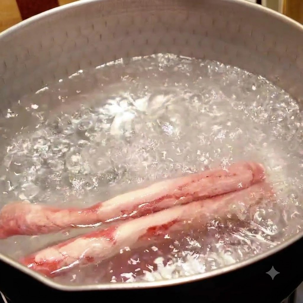 Two rolls of thinly sliced raw meat boiling in a bubbling pot of water.
