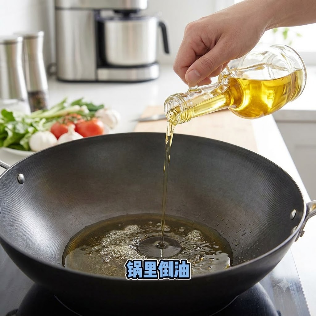 A glass oil bottle pouring cooking oil into a dark non-stick frying pan on a kitchen counter.