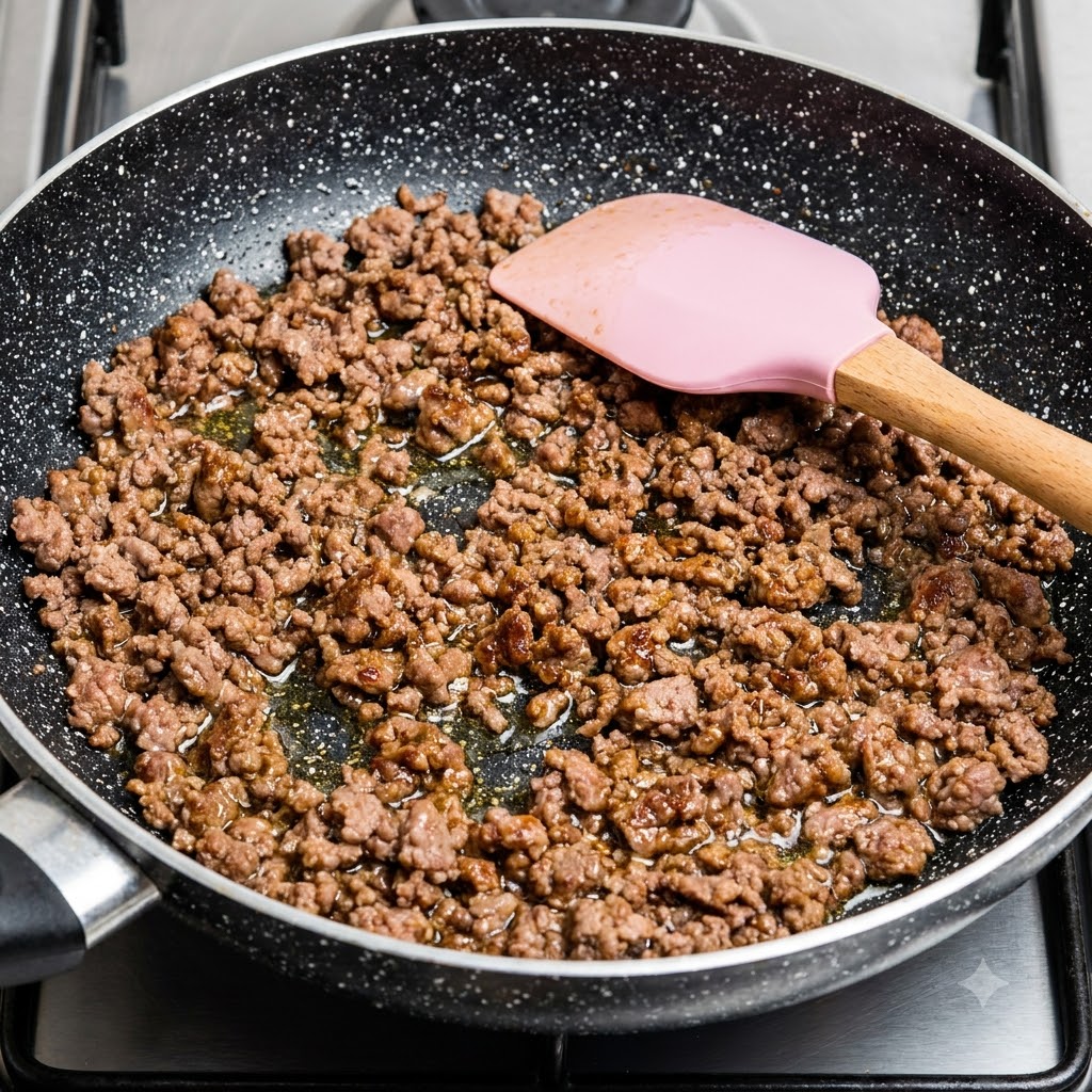 Seasoned ground beef resting in a frying pan with a pink spatula alongside.