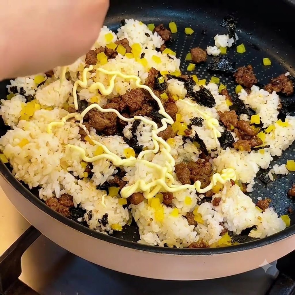 Sesame seeds being sprinkled over the mixture of rice, beef, and dressing inside a frying pan.