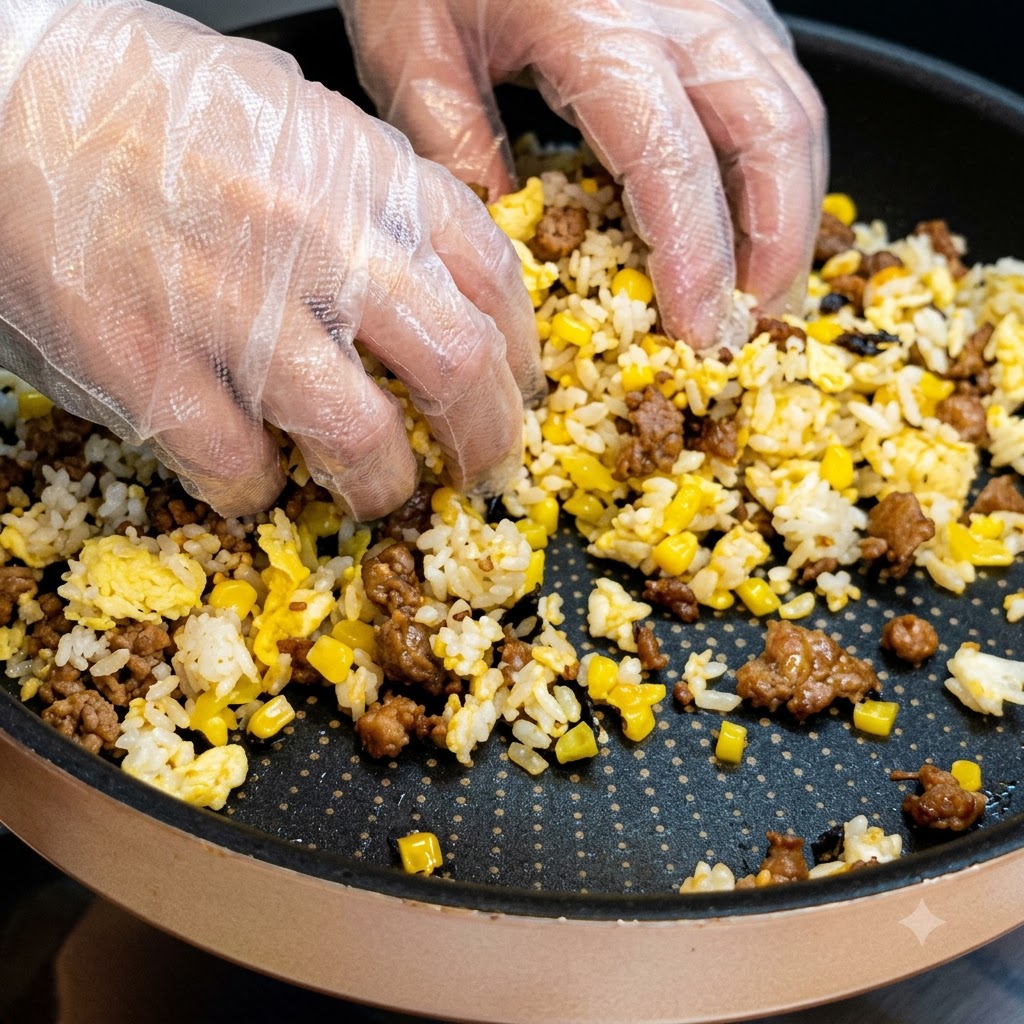 Hands wearing clear gloves mixing and shaping the rice mixture into round balls inside a pan.