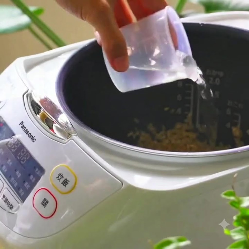 Water being poured from a measuring cup into a rice cooker filled with brown rice.
