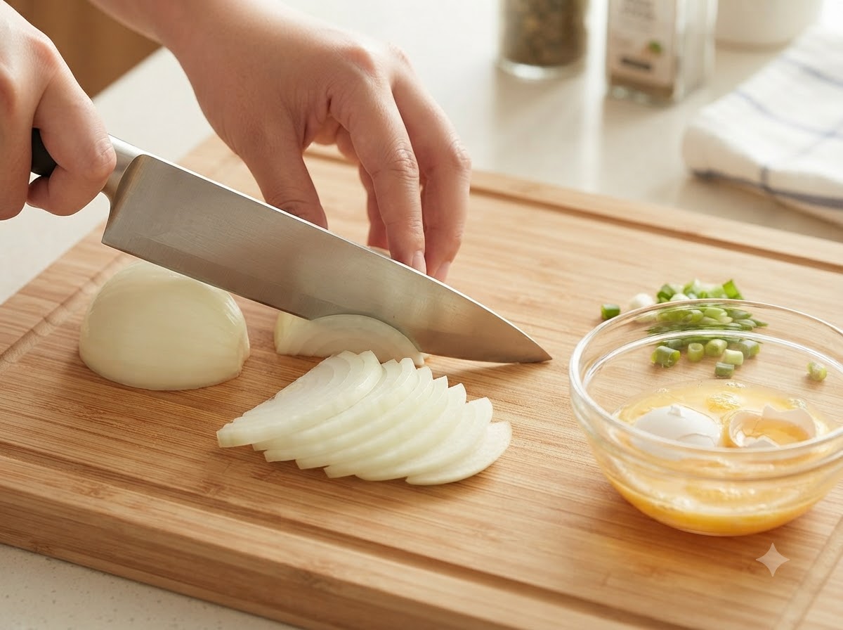 An onion being sliced with a knife on a wooden board next to a bowl of cracked eggs and chopped scallions.