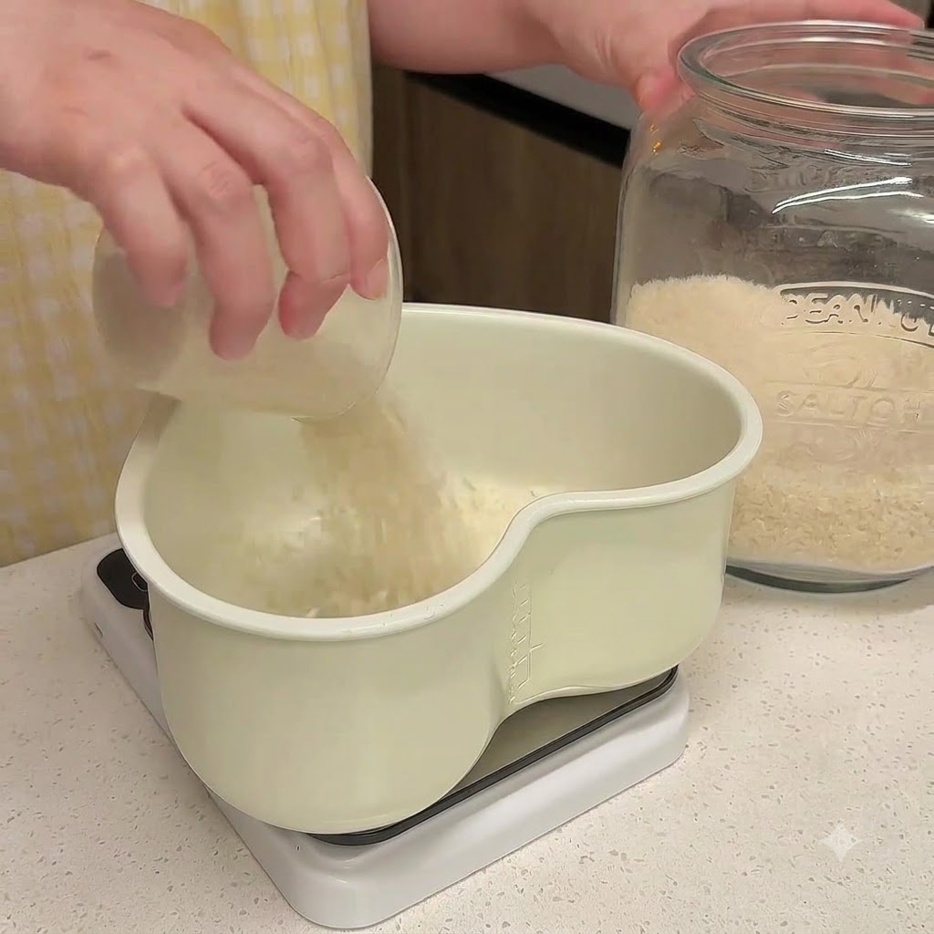 Rice being poured into a heart-shaped bowl resting on a digital scale.