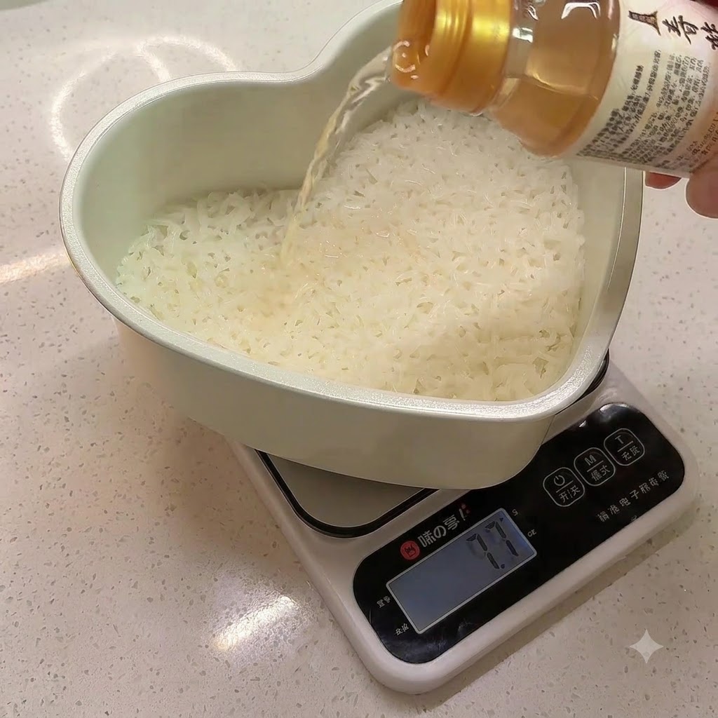 Sushi vinegar being poured from a small bottle onto cooked rice inside a heart-shaped bowl on a scale.