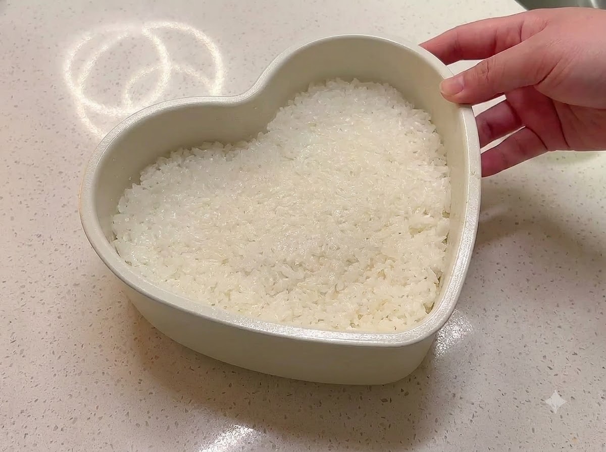 A heart-shaped bowl filled with neatly shaped seasoned rice.