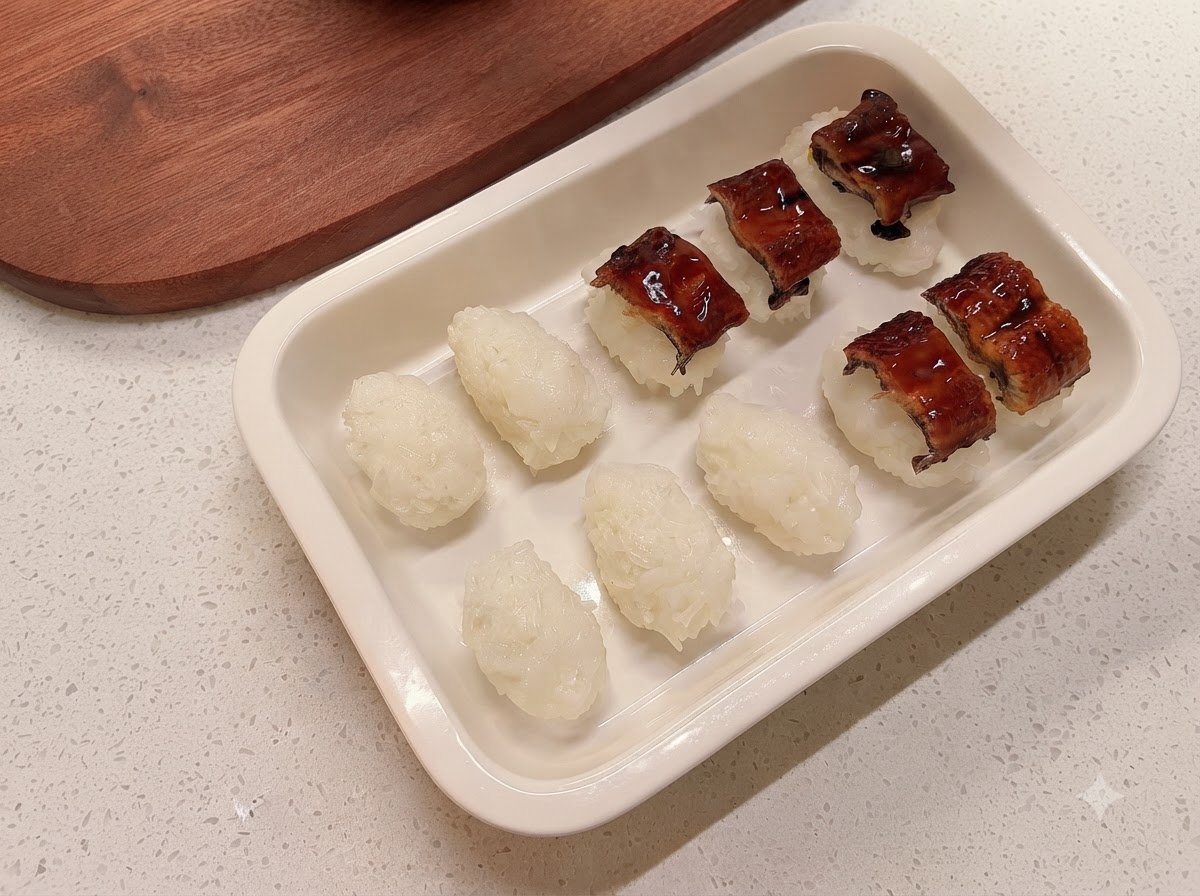 Slices of cooked eel and rice balls arranged inside a white serving tray.