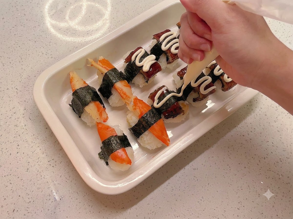 A hand using a piping bag to squeeze zigzag lines of white mayonnaise over rows of sushi on a white tray.